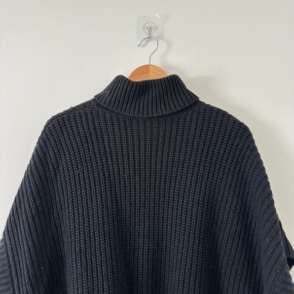 Kate Spade Cashmere Blend Faux Fur Pom Poms Front Turtleneck Poncho Black OS - Picture 9 of 9